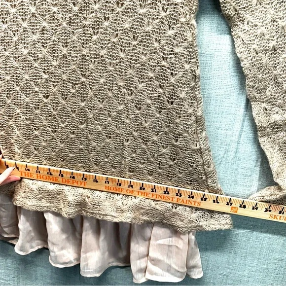 NITT By Flying Tomato Boho Crochet Lace Cowl Neck Tunic Sweater Lined Tan Large - Picture 10 of 11